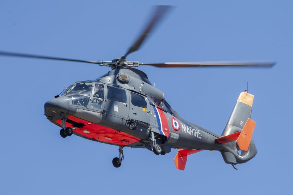 French Navy AS365 Dauphin helicopter in flight over France Canvas Art - Timm ZiegenthalerStocktrek Images (17 x 12)