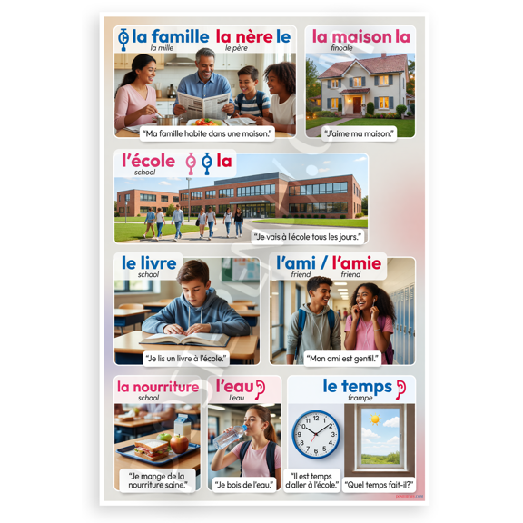 French Nouns Family School House Food Vocabulary Educational 12x18 US Made Poster