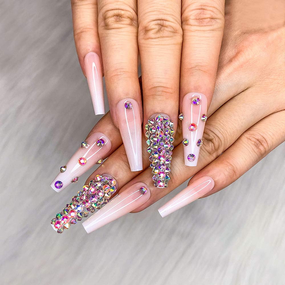 French Nude White Ballerina Diamond Long Glossy Coffin Flash Fake Nails  Press on Nail False Tips Manicure for Women and Girls, 24 Pieces -  Walmart.com