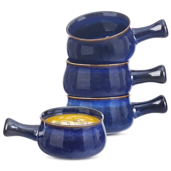 French Onion Soup Bowls - 26 Ounce Ceramic Bowls with Handles for Chili Beef Stew - Oven Dishwasher Safe Crock Pot Bowls Set of 4 Glaze Blue