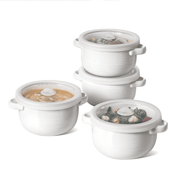 French Onion Soup Bowls, 28 oz Ceramic Soup Crocks with Handles & Silicone Lids, Oven & Microwave Safe Containers for Meal Prep & Leftovers, Lead & Cadmium Free, Set of 4, White