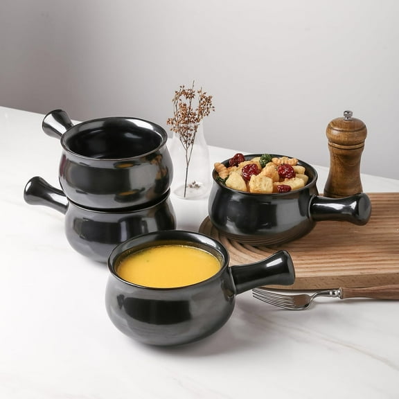 French Onion Soup Bowls With Handles, 26 Ounce, Dishwasher Safe, Set of 4 (Black)