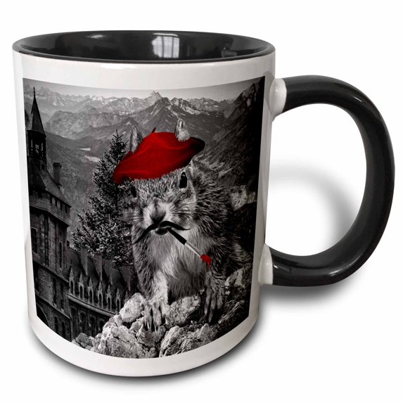 3drose, French Painter Squirrel Is Funny and Adorable in This Zany Digital Composition, 11oz Two-tone Black Mug