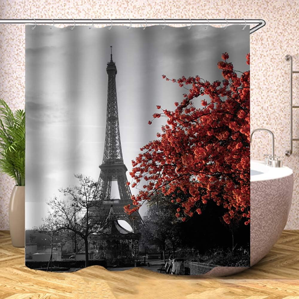French Paris Eiffel Tower Shower Curtain ，City of Love Black White Red
