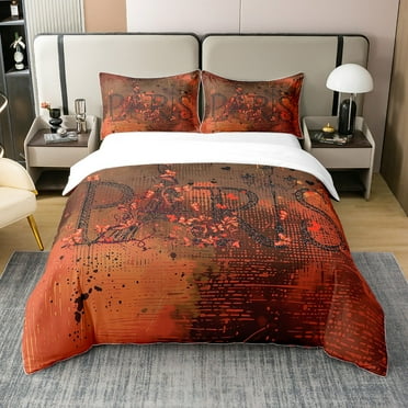 French Paris Twin 100% Cotton Duvet Cover Romantic Eiffel Tower Bedding Set, Red Gradient Bed Sets Retro Grunge Quilt Cover with 1 Pillowcase Breathable,（No Comforter）