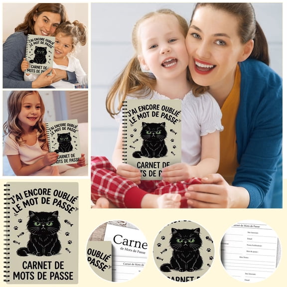 French Password Book with Grumpy Black Cat Design 14x21cm Spiral Notebook Logbook for Internet Addresses and Login Details Funny Gift for Women