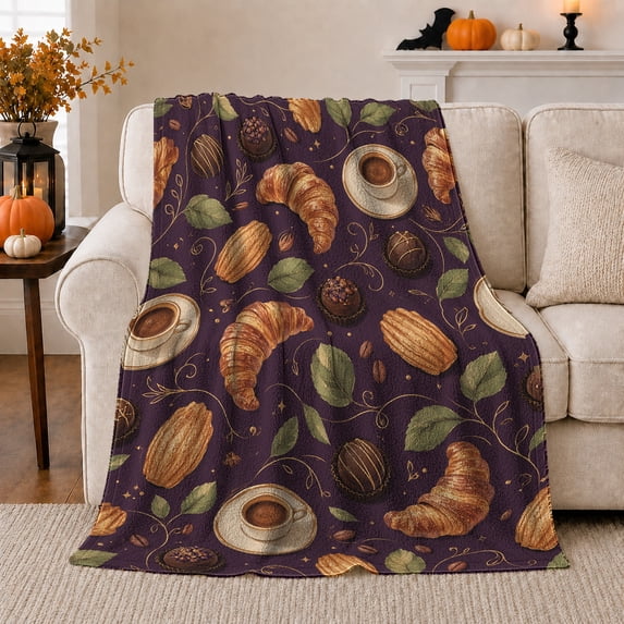 French Pastry Coffee Pattern Vintage Illustrative Croissant Madeleine, Playful Food Art Scene, Warm Flannel Blanket for Kitchen and Dining Room, Food Lovers Birthday Gift, Playful Home Decor