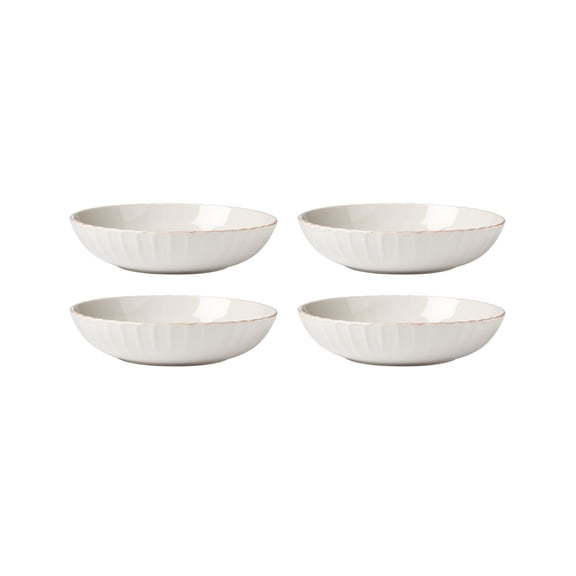 French Perle Scallop Pasta Bowls, Set of 4 - Elegant White Stoneware with Tea-Stained Rim