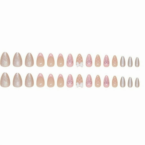 French Pink Press on Nails Short Almond Fake Nails White Polka Dot Bow Pearl Designs French Tip False Nail Cute Stick on Nail Pink Full Cover Artificial Acrylic Nails