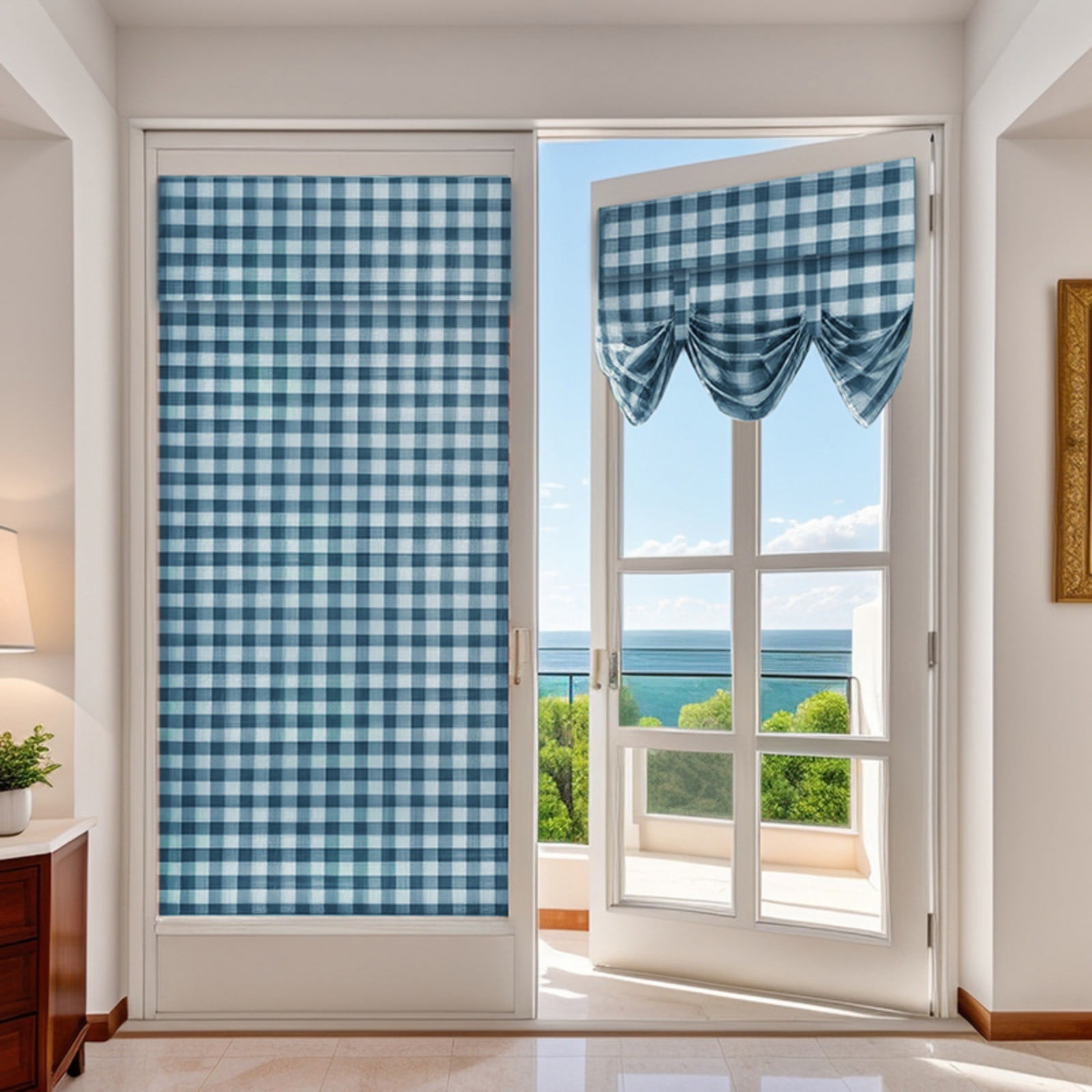 French Plaid Door Curtains for Door Window, Patio Glass Door Curtain Shade Covering for Privacy Tie Up Linen Kitchen Insulated Drapes