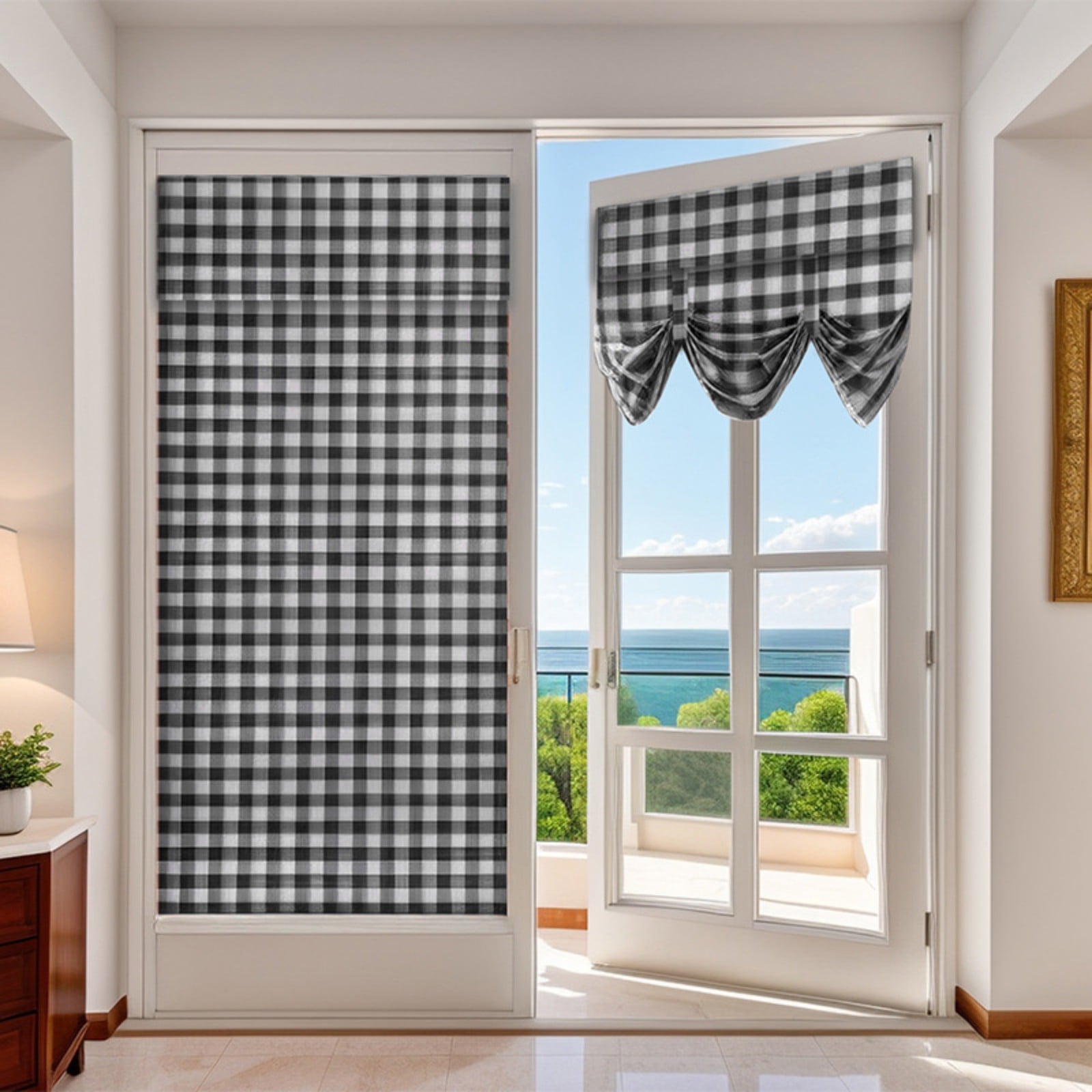 French Plaid Door Curtains for Door Window, Patio Glass Door Curtain Shade Covering for Privacy Tie Up Linen Kitchen Insulated Drapes