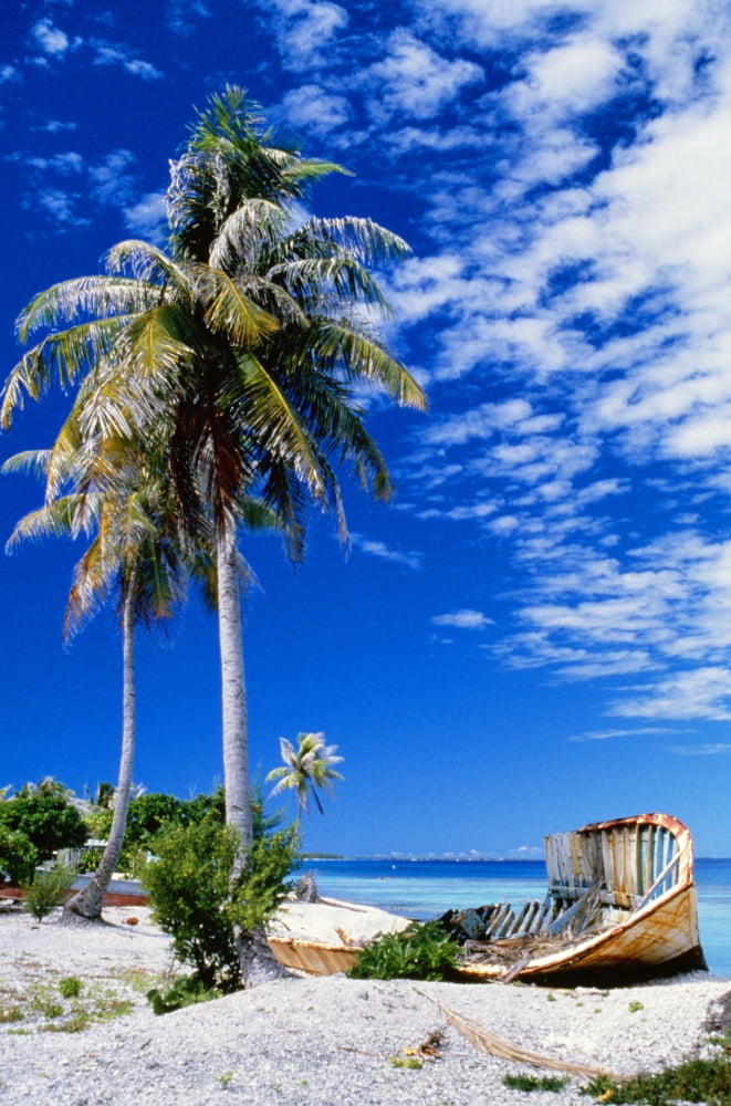 French Polynesia Beach With Boat Wreck On Shore Canvas Art - Peter Stone Design Pics (12 x 19)