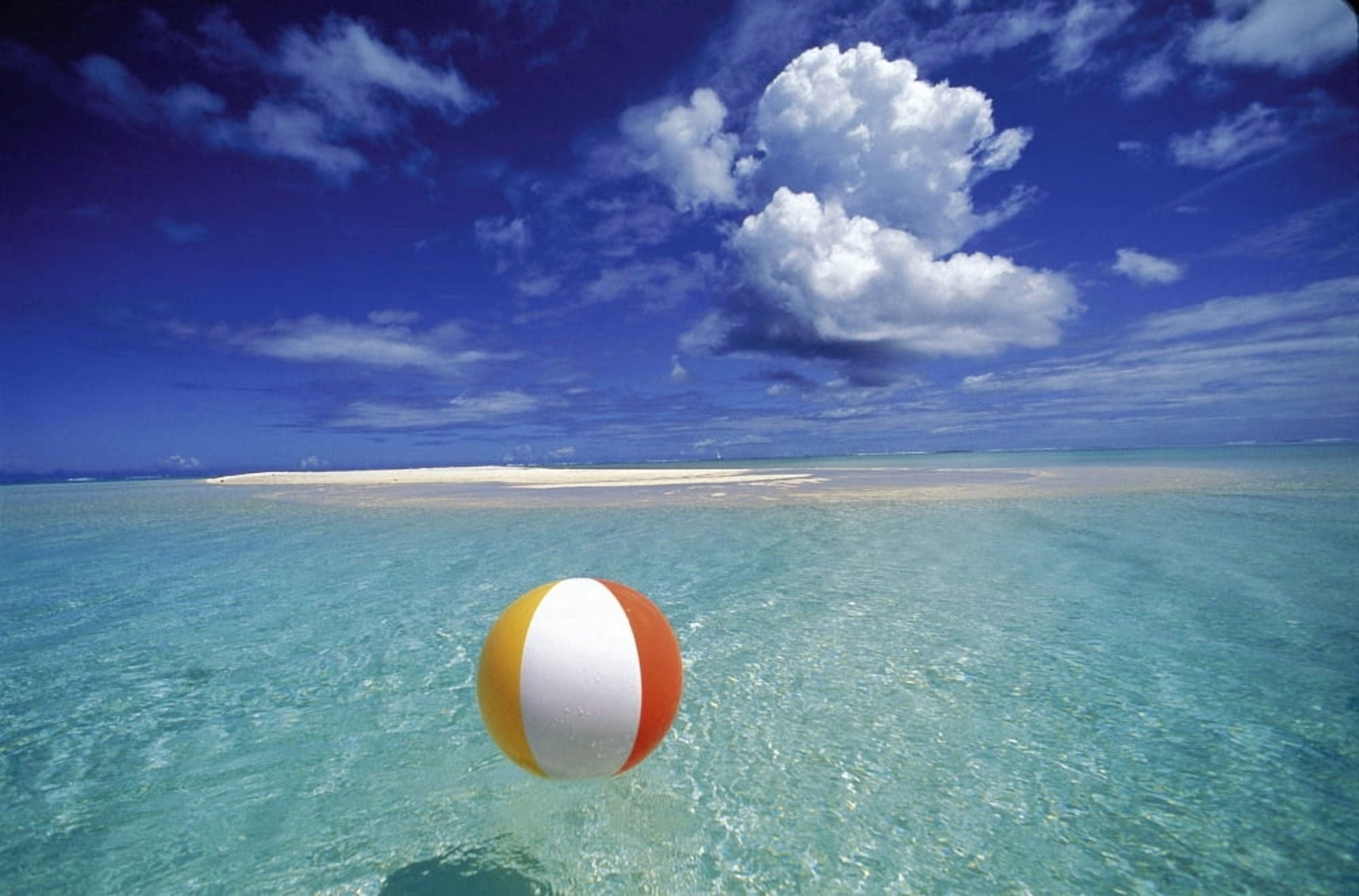 French Polynesia Bora Bora Calm Ocean With Beach Ball Foreground Patch Of Sand Background Blue Sky Clouds Canvas Art - Ron Dahlquist Design Pics (19 x 12)