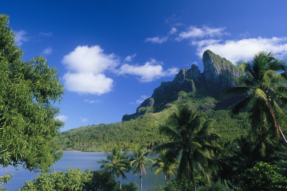 French Polynesia Bora Bora Coastal Shot Mountains With Water A56A Canvas Art - Peter Stone Design Pics (38 x 24)
