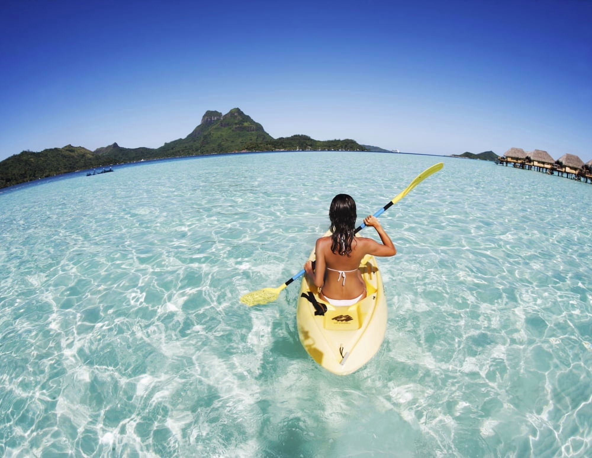 French Polynesia Bora Bora Female Kayaker Enjoying A Day On The Water Canvas Art - M Swiet Productions Design Pics (34 x 26)