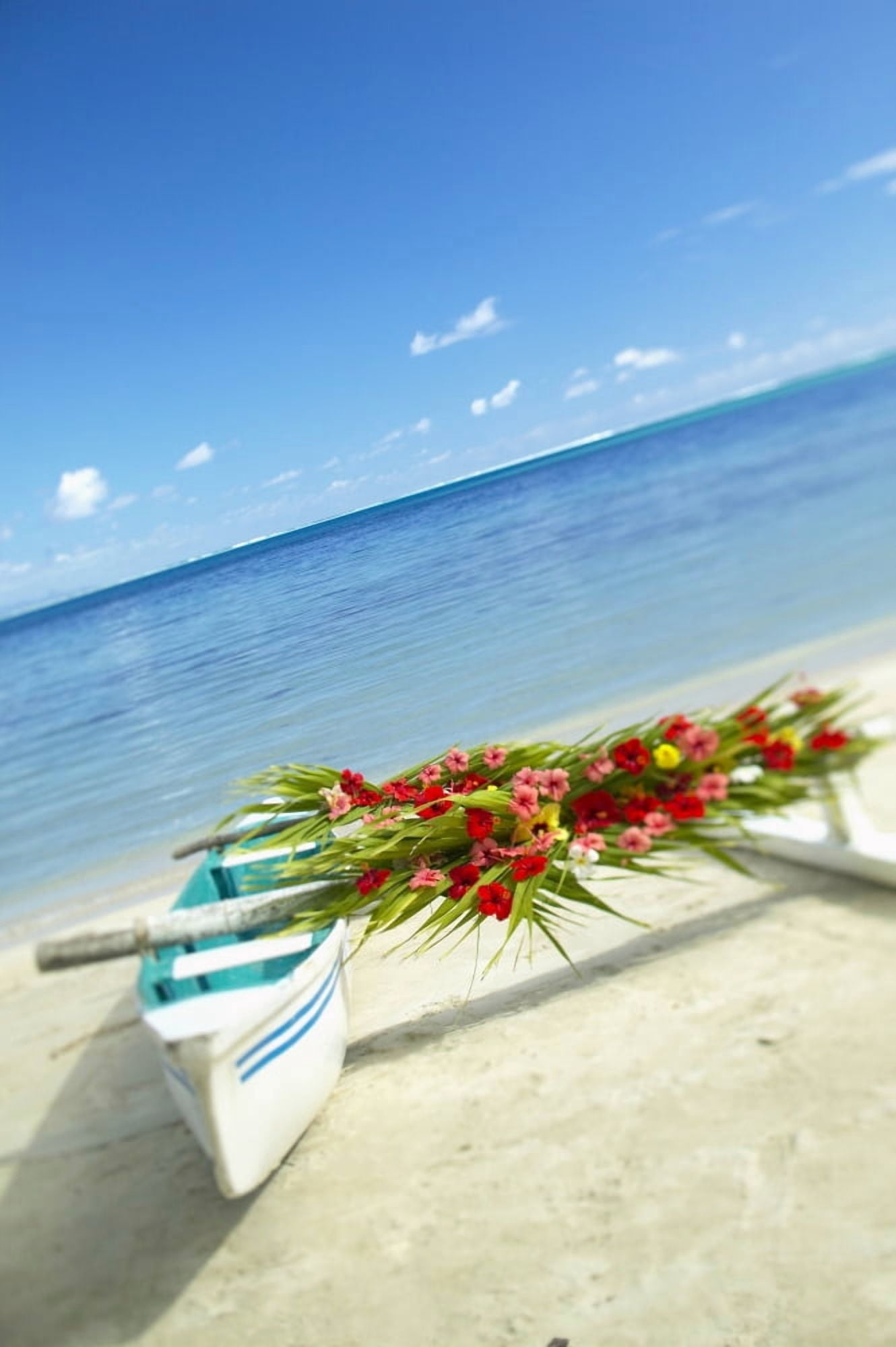 French Polynesia Huahine Outrigger Canoe On The Shore Of A Tropical Beach Decorated With Beautiful Flowers For A Wedding Canvas Art - Kyle Rothenborg  Design Pics (26 x 38)