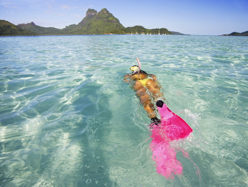 French Polynesia Moorea Woman Free Diving In Turquoise Ocean Canvas Art - M Swiet Productions Design Pics (18 x 13)