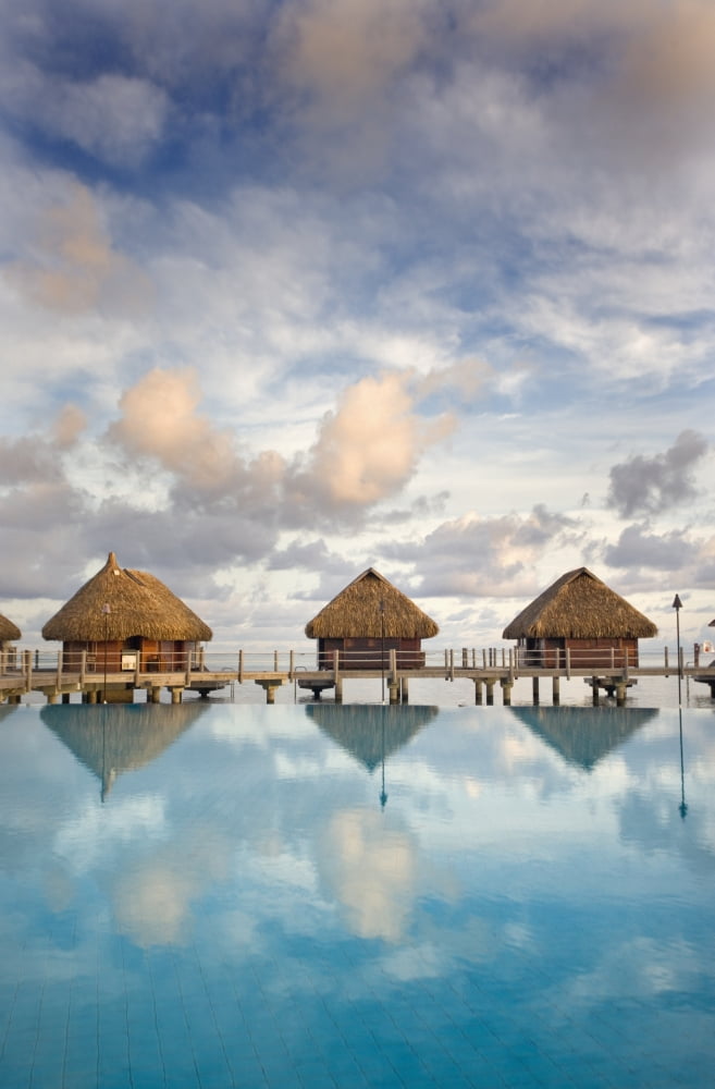 French Polynesia Pearl Resort Bungalows Over Beautiful Turquoise Ocean Canvas Art - M Swiet Productions Design Pics (22 x 34)