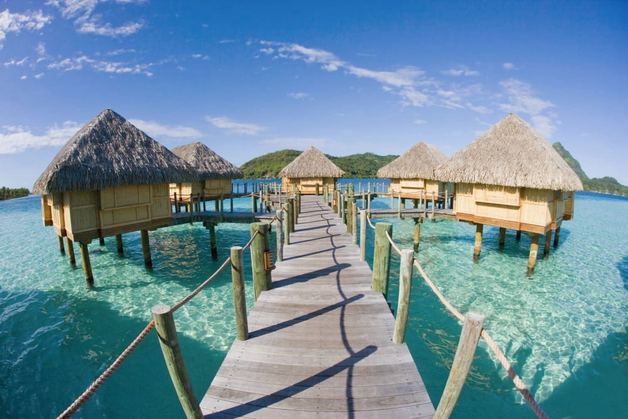 French Polynesia Pearl Resort Bungalows Over Beautiful Turquoise Ocean Canvas Art - M Swiet Productions Design Pics (38 x 24)
