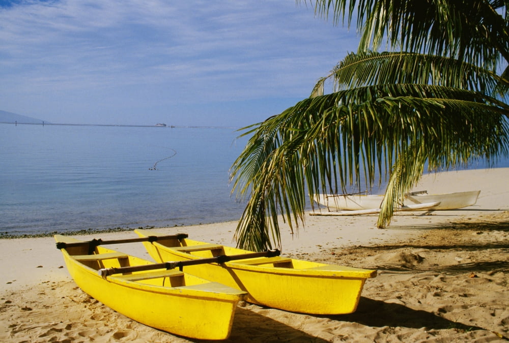 French Polynesia Rangiroa Kia Ora Yellow Double Canoe On Beach Canvas Art - Mary Van de Ven Design Pics (19 x 12)