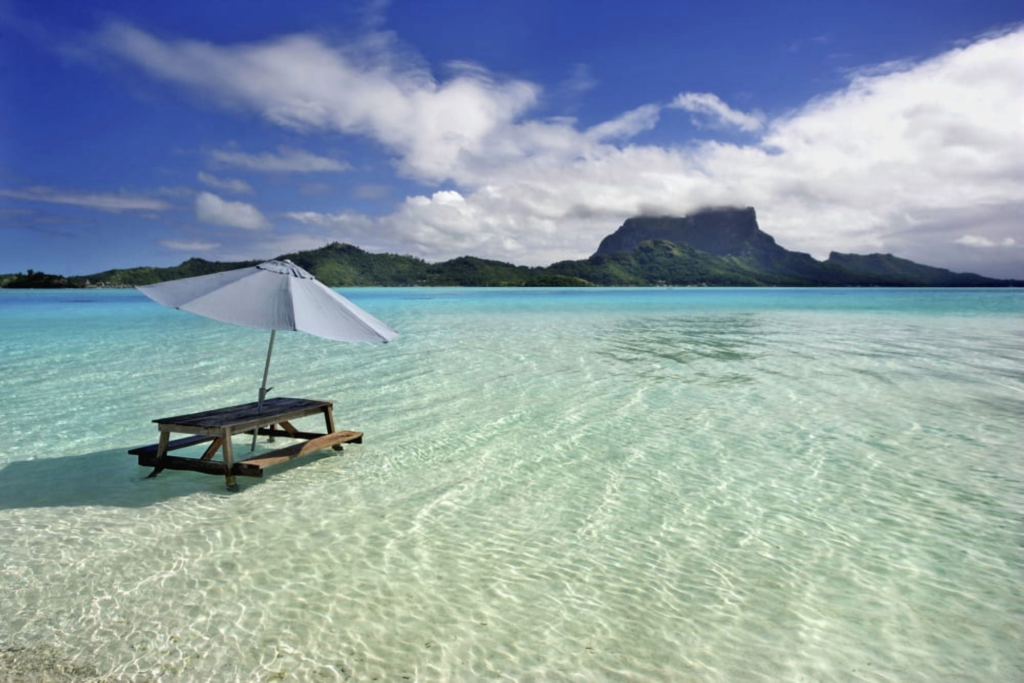 French Polynesia Tahiti Bora Bora Picnic Table And Umbrella In Clear Lagoon Water Canvas Art - M Swiet Productions Design Pics (38 x 24)