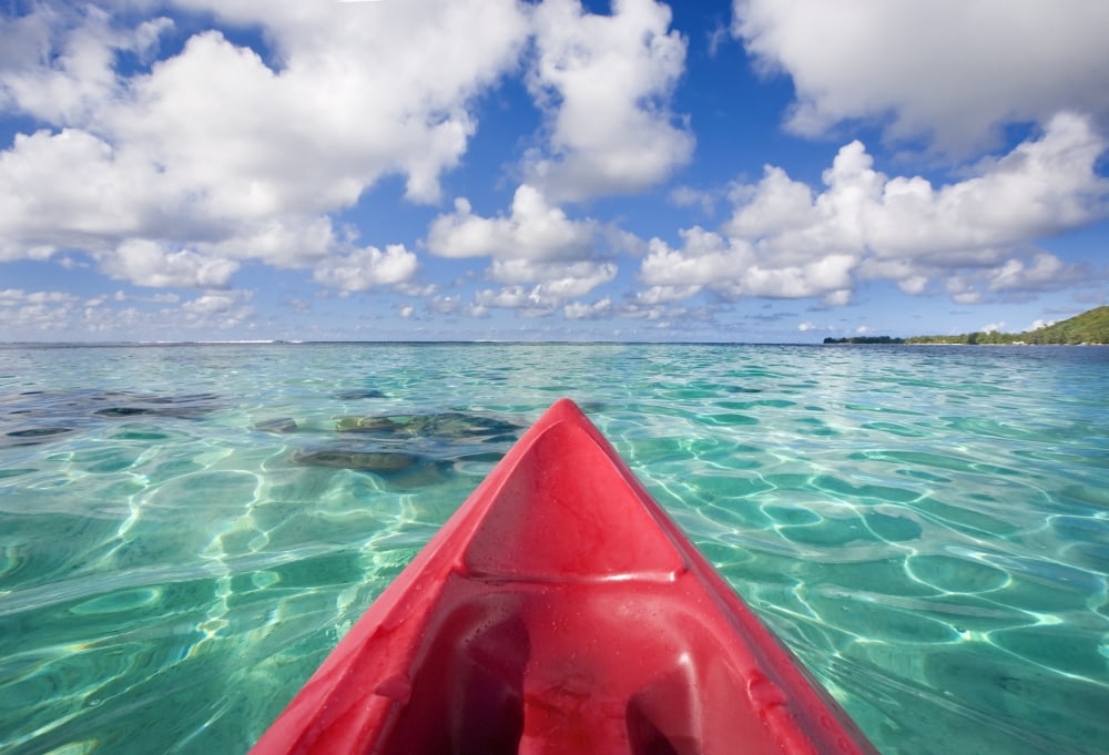 French Polynesia Tahiti Bora Bora Red Outrigger Canoe In Calm Turquoise Water Canvas Art - M Swiet Productions Design Pics (18 x 12)