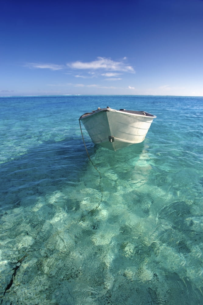 French Polynesia Tahiti Bora Bora White Boat Floating On Turquoise Water Canvas Art - M Swiet Productions Design Pics (11 x 17)