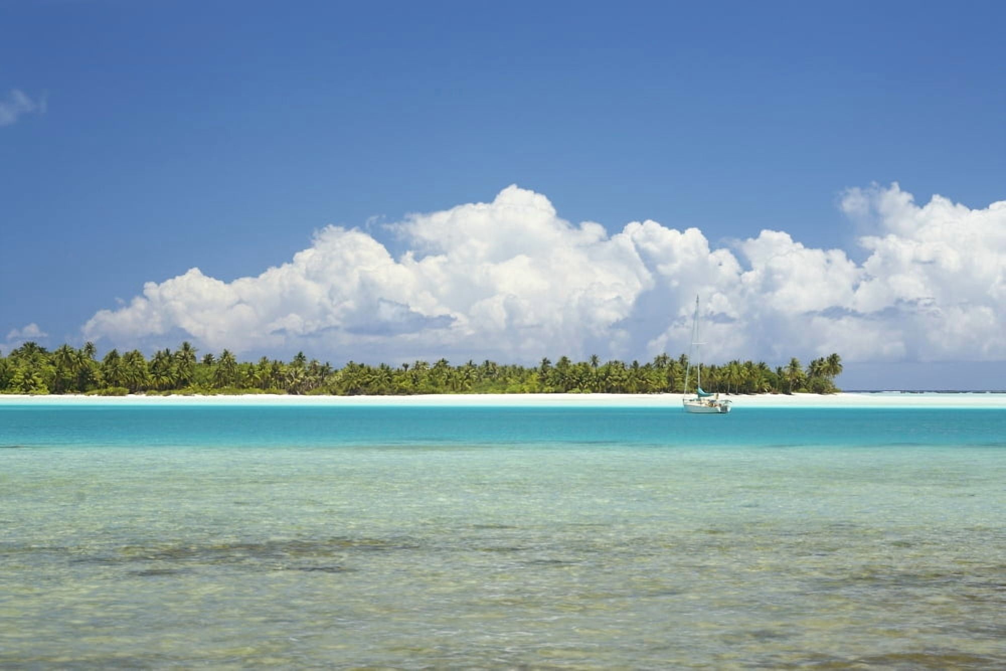 French Polynesia Tahiti Lagoon and Island With Boat Maupiti Canvas Art - Kyle Rothenborg  Design Pics (34 x 22)