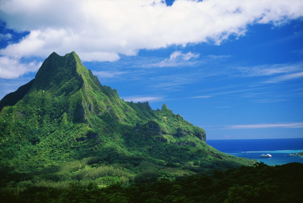 French Polynesia Tahiti Moorea Mount Rotui Green Mountaintop Ocean Below Canvas Art - Vince Cavataio Design Pics (38 x 24)