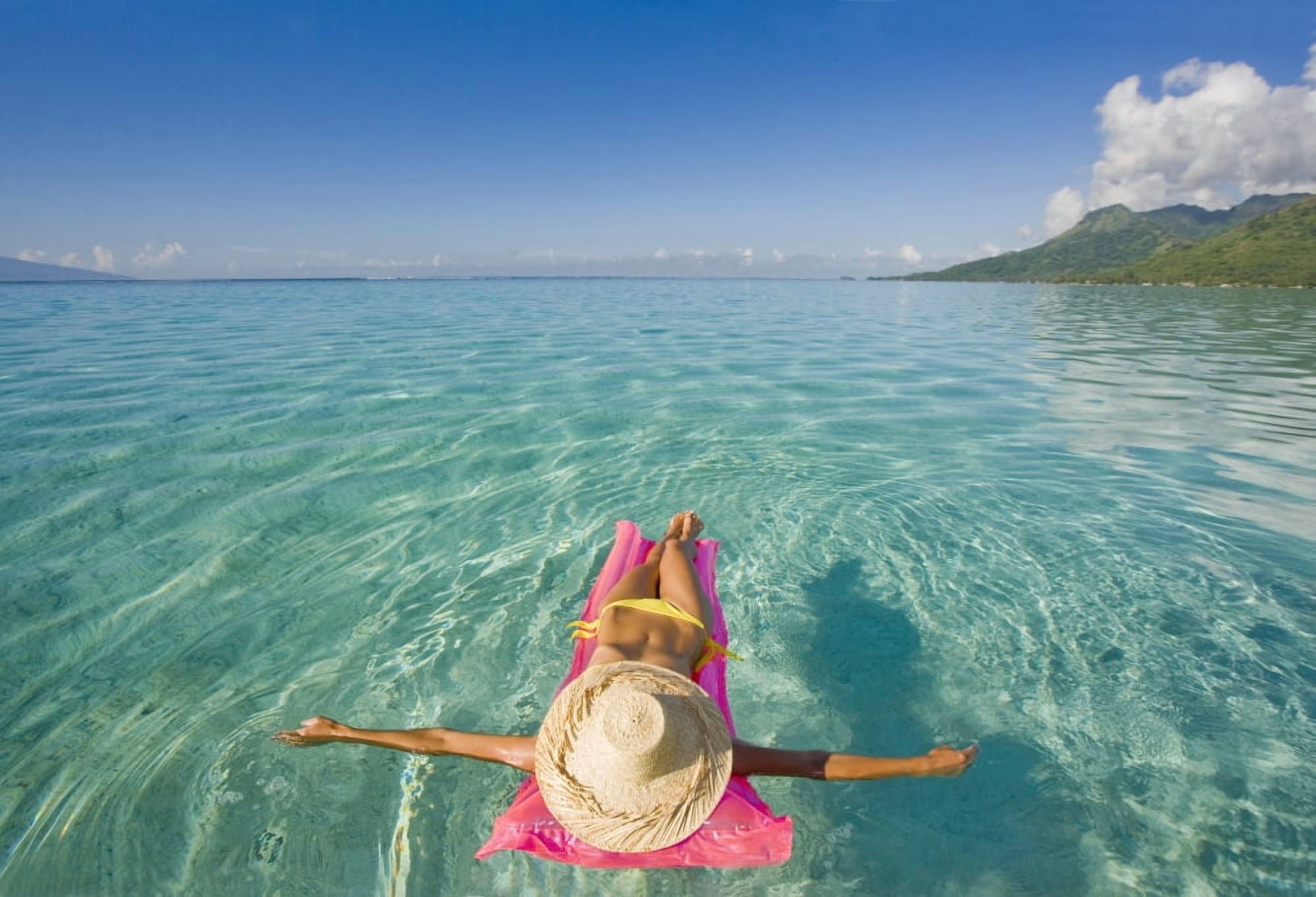 French Polynesia Tahiti Moorea Woman Floating In Water Canvas Art - M Swiet Productions Design Pics (36 x 24)