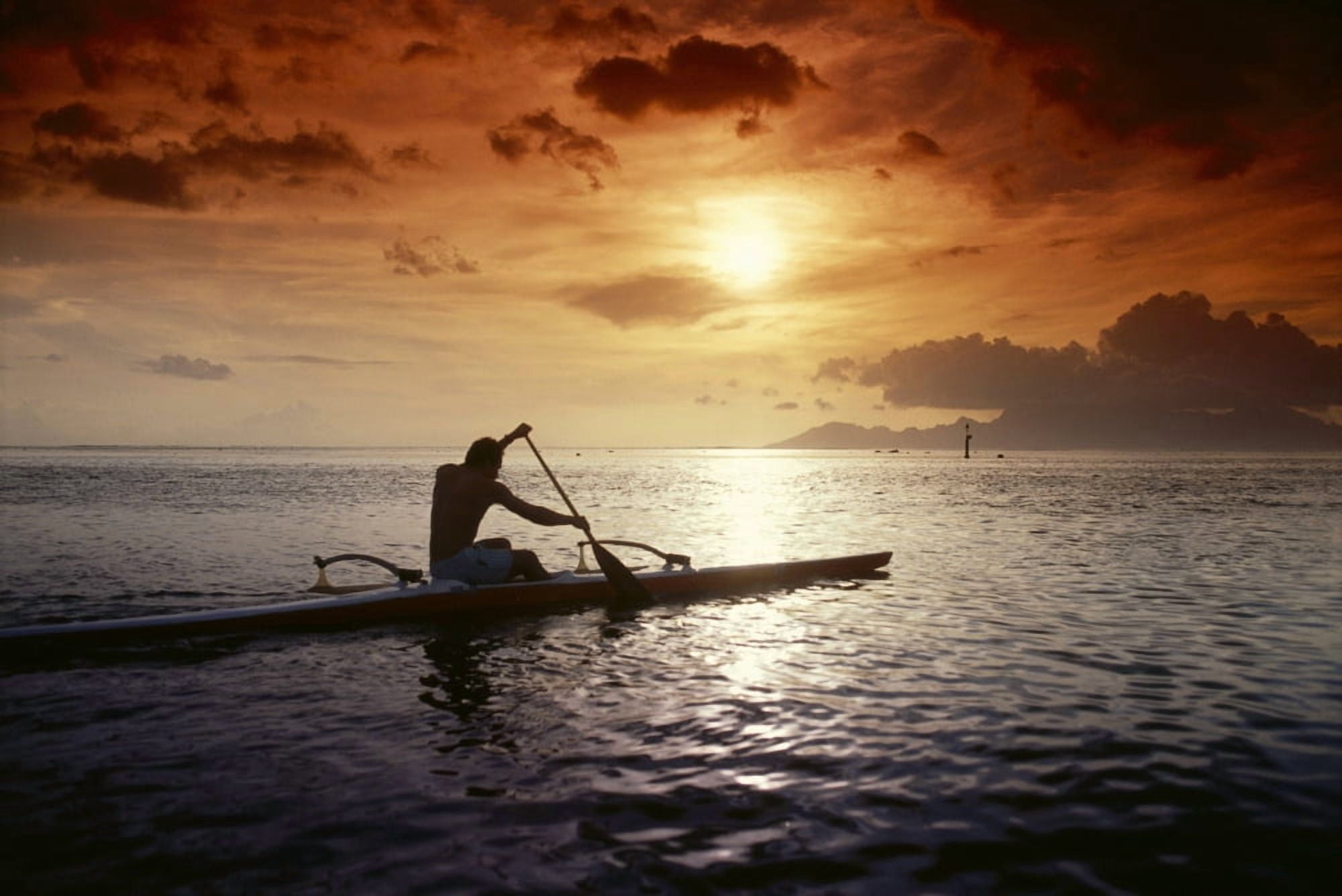 French Polynesia Tahiti Papeete Native Man Kayaking In Warm Sunset A56E Canvas Art - Joe Carini Design Pics (19 x 12)