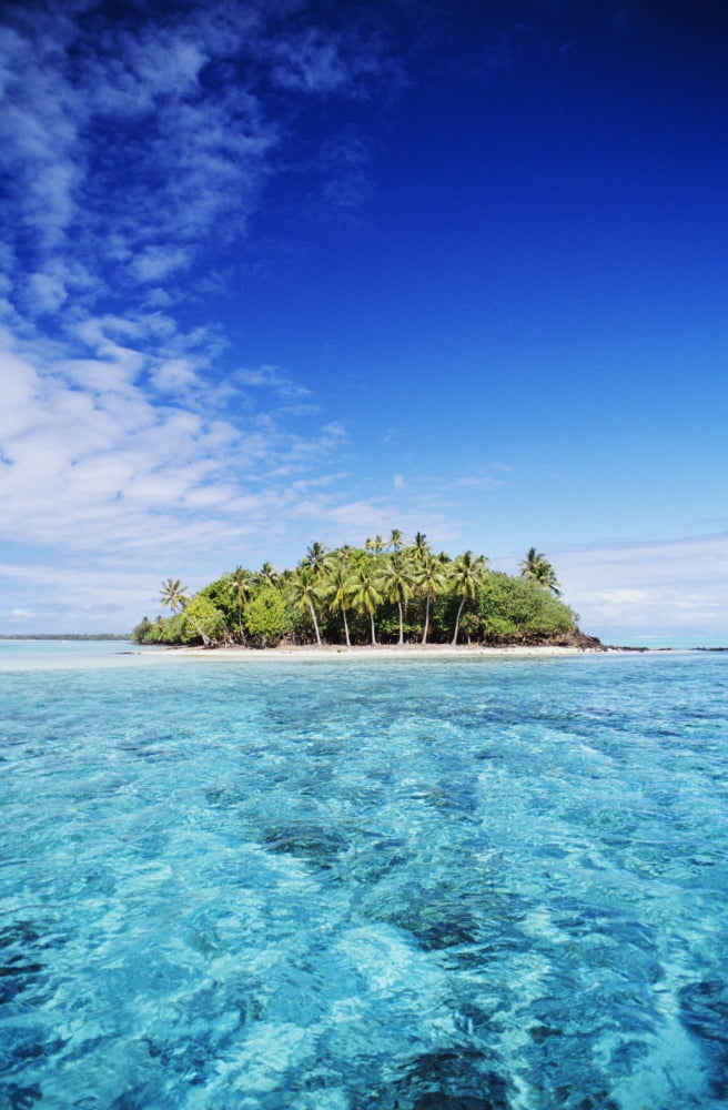 French Polynesia Tahiti Turquoise water and blue sky Bora Bora Motu Island in Distance Canvas Art - Joe Carini Design Pics (11 x 17)