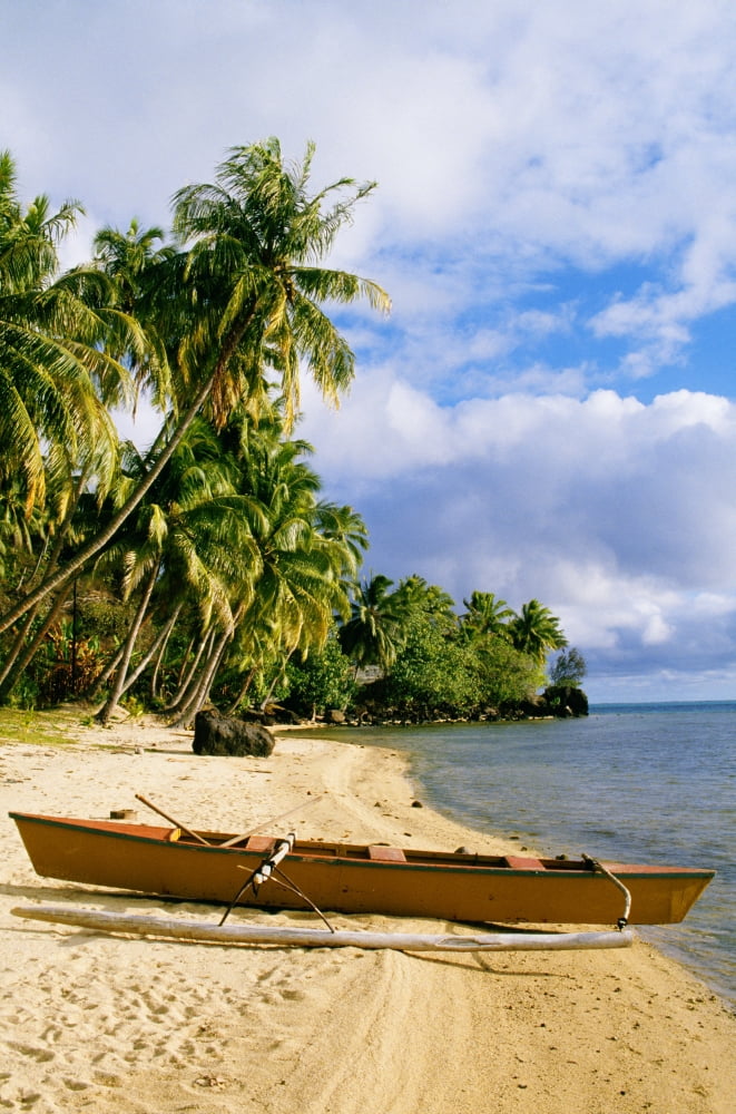 French Polynesia Tahiti White Sand Beach With Palm Trees And Canoe Canvas Art - Joe Carini Design Pics (12 x 19)