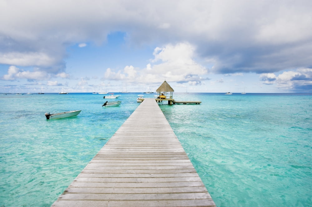 French Polynesia Tuamotu Isalnds Rangiroa Atoll Pier On The Ocean Canvas Art - M Swiet Productions Design Pics (38 x 24)