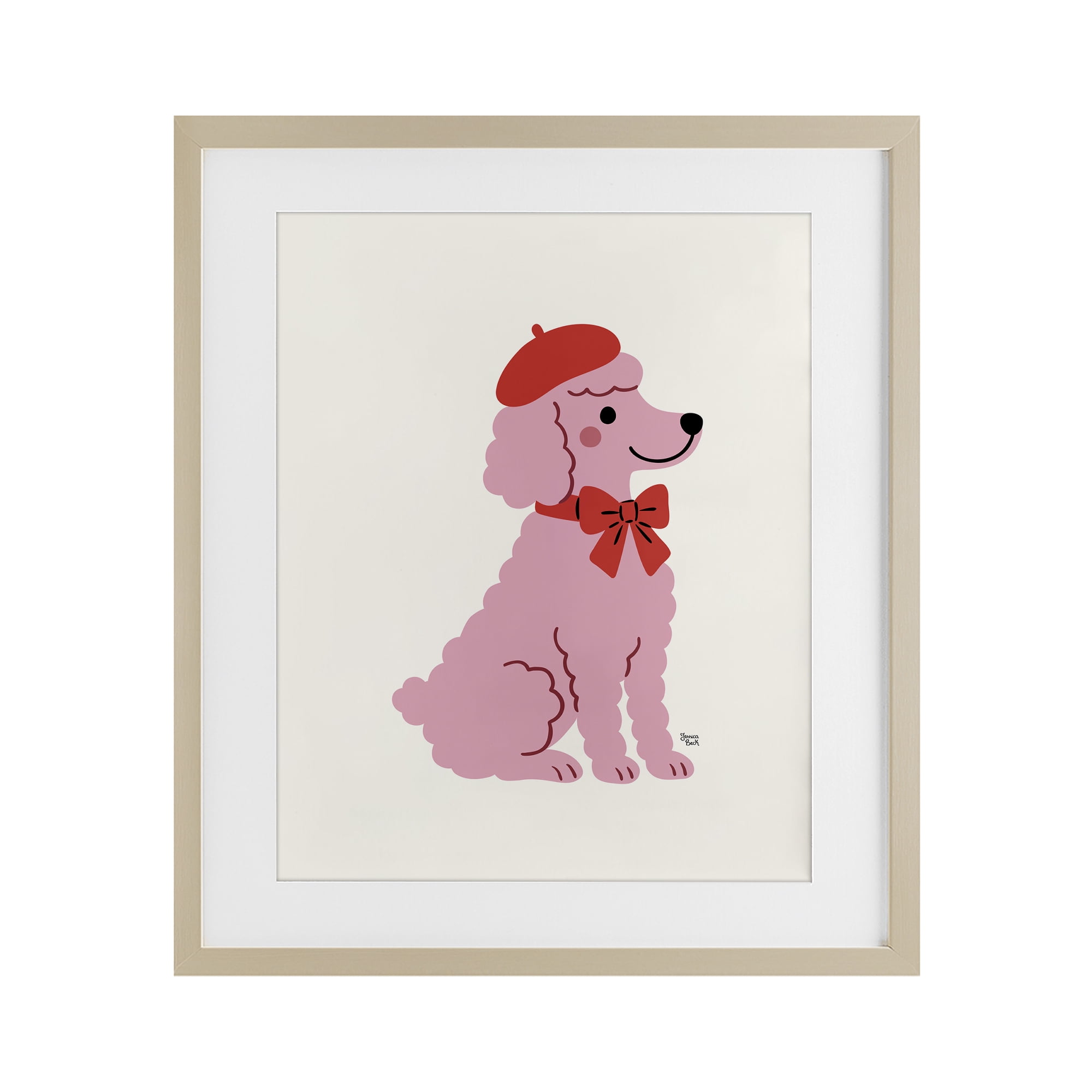 French Poodle in Beret Birch Framed Print Under Glass, design by Jessica Beck
