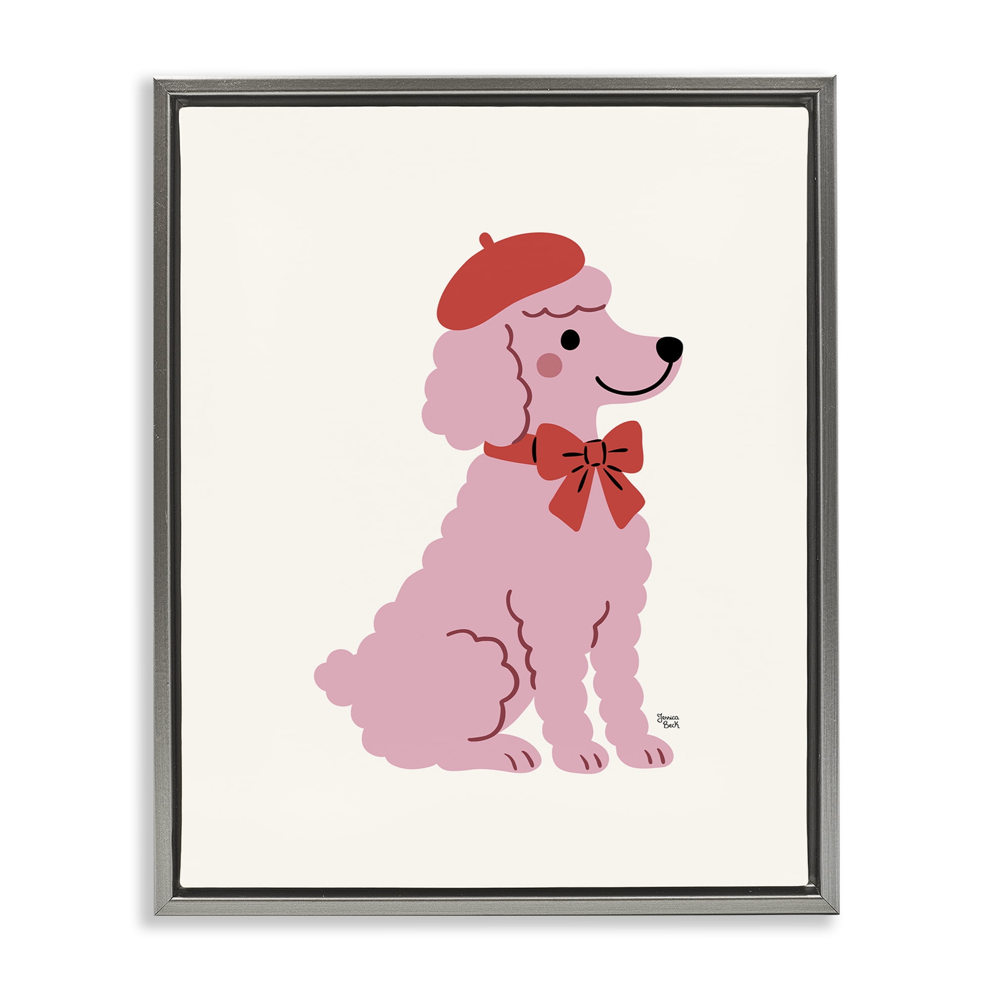 French Poodle in Beret Gray Framed Floater Canvas Wall Art, design by Jessica Beck