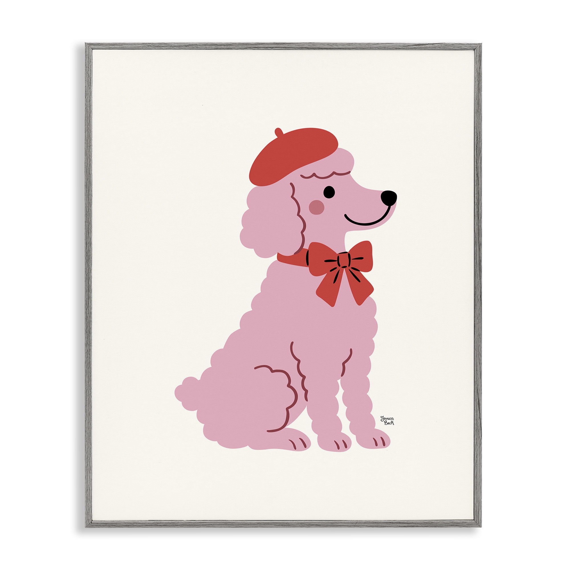 French Poodle in Beret Gray Framed Giclee Art, design by Jessica Beck