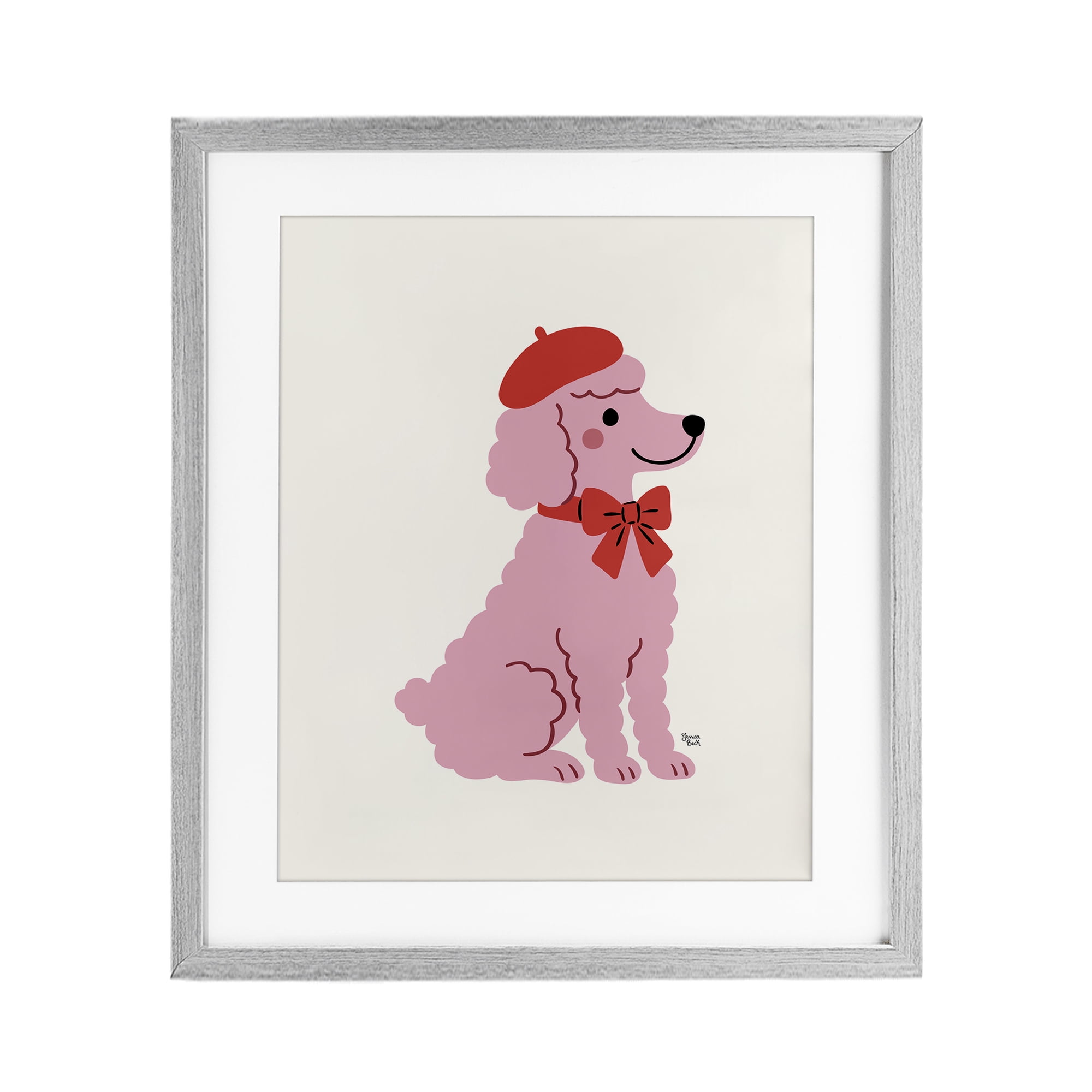 French Poodle in Beret Gray Framed Print Under Glass, design by Jessica Beck
