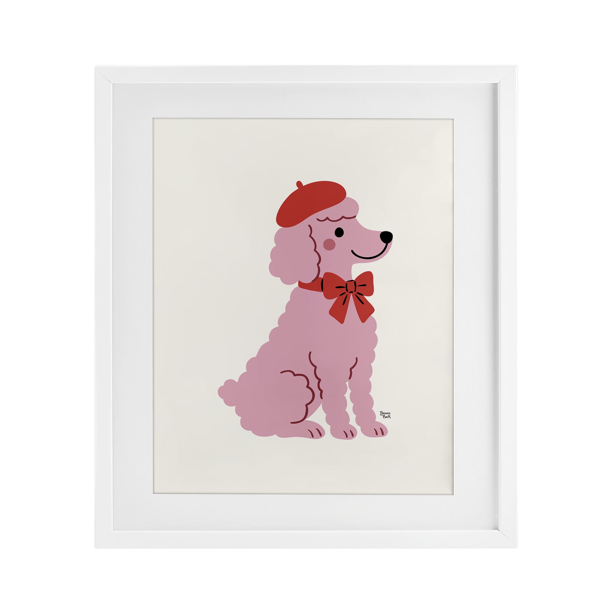 French Poodle in Beret White Framed Print Under Glass, design by Jessica Beck
