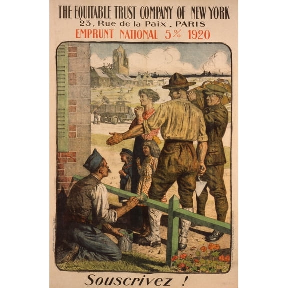 French Post-Ww1 Era Poster Urging Subscription To The National Loan Of 1920. Poster Shows A French Family Looking At A