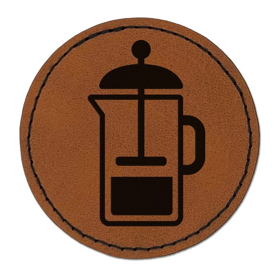 French Press Coffee 2.5" Faux Leather Round Engraved Iron-On Patch - Brown