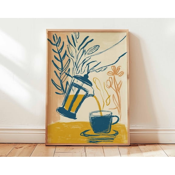 French Press Coffee Abstract Cafe Yellow Blue Line Wall Art Print, Unframed Paper Poster 8x10in