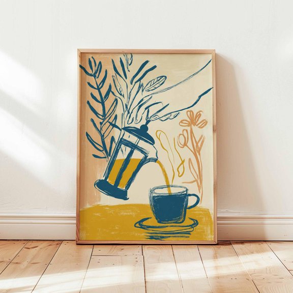 French Press Coffee Abstract Kitchen Cafe Wall Art Print, Artistic Kitchen And Dining Theme For Dining Room And Gallery Wall Decor