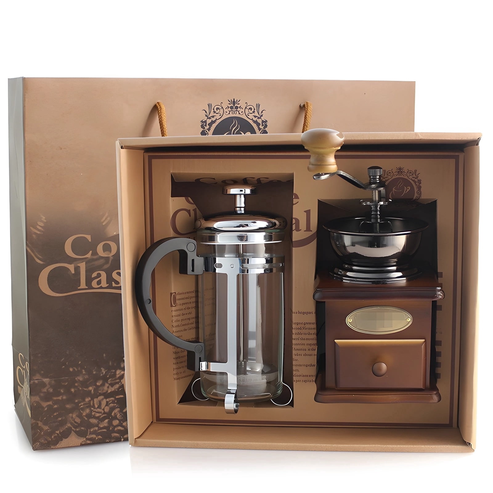 French Press Coffee Grinder Set - Metal & Wood Design, Burr Grinder & French Press for Smooth Coffee, Ideal for Home & Camping, Coffee Table Decor, 7.9 x 5.1 x 2.6 inches
