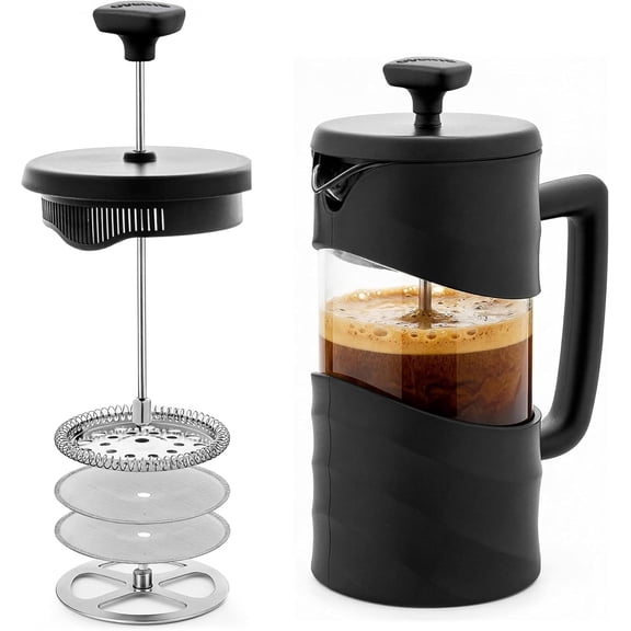 French Press Coffee Maker 20 Ounce with Heat Resistant Borosilicate Glass & Stainless Steel 4-Level Filtration System, Portable Cold Brew Coffee Maker for Travel, Camping or Gift, Black FPW20B