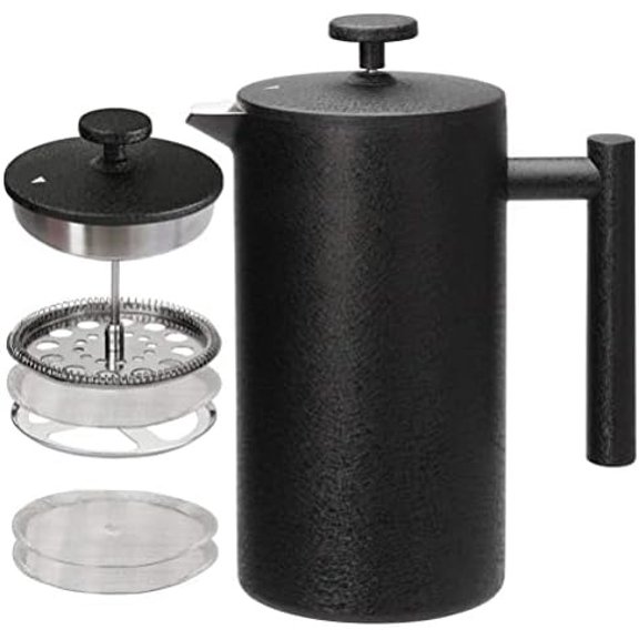 French Press Coffee Maker, 304 Grade Stainless Steel Insulated Coffee Press with 2 Extra Screens, 34oz (1 Litre), Black