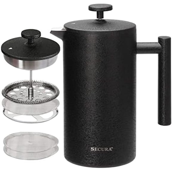 French Press Coffee Maker, 304 Grade Stainless Steel Insulated Coffee Press with 2 Extra Screens, 34oz (1 Litre), Black
