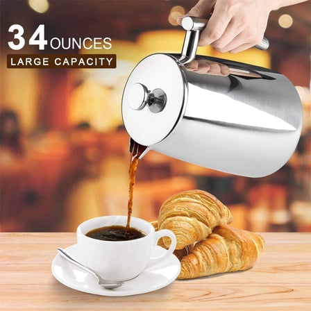French Press Coffee Maker, 34-Ounce, 304 Stainless Steel Insulated Coffee Press with Extra Screen