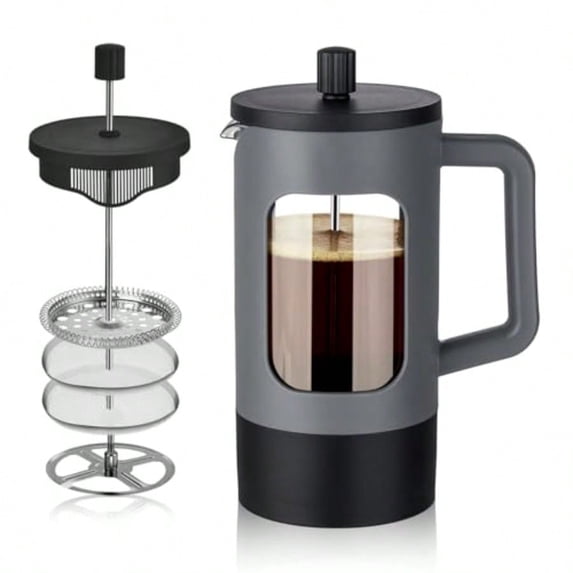 French Press Coffee Maker 34 oz/ 4 Cup Coffee Tea Press with Heat-resistant Borosilicate Glass 4-Level Filtration Systems Cold Brew Coffee Maker for Camping Travel Gifts Grey and Black