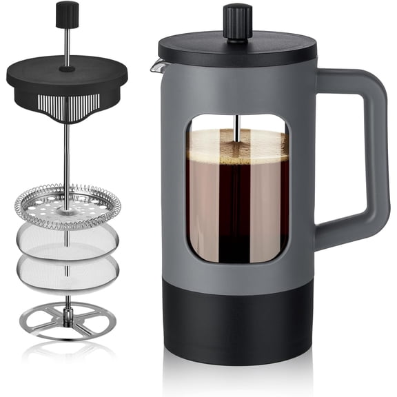 French Press Coffee Maker, 34 oz / 4 Cup Coffee Tea Press with Heat-resistant Borosilicate Glass, 4-Level Filtration Systems, Cold Brew Coffee Maker for Camping Travel Gifts, Grey and Black